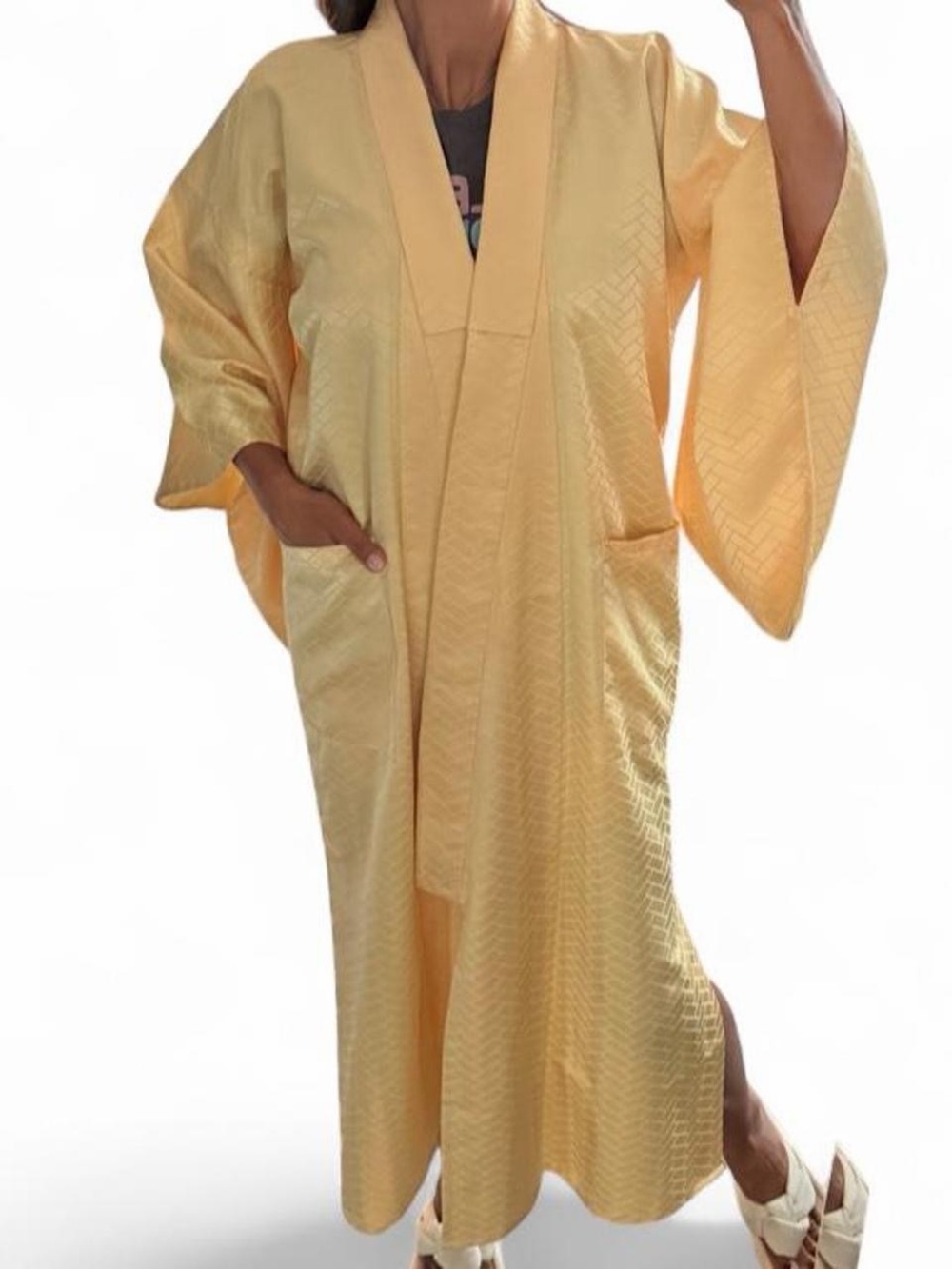 Women's Satin vintage Japanese Long Kimono Robe - Light Yellow